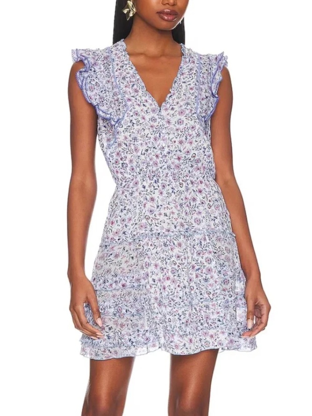 Poupette St Barth Paulina Mini Dress Blue Magnolia Floral Ruffle Size XS